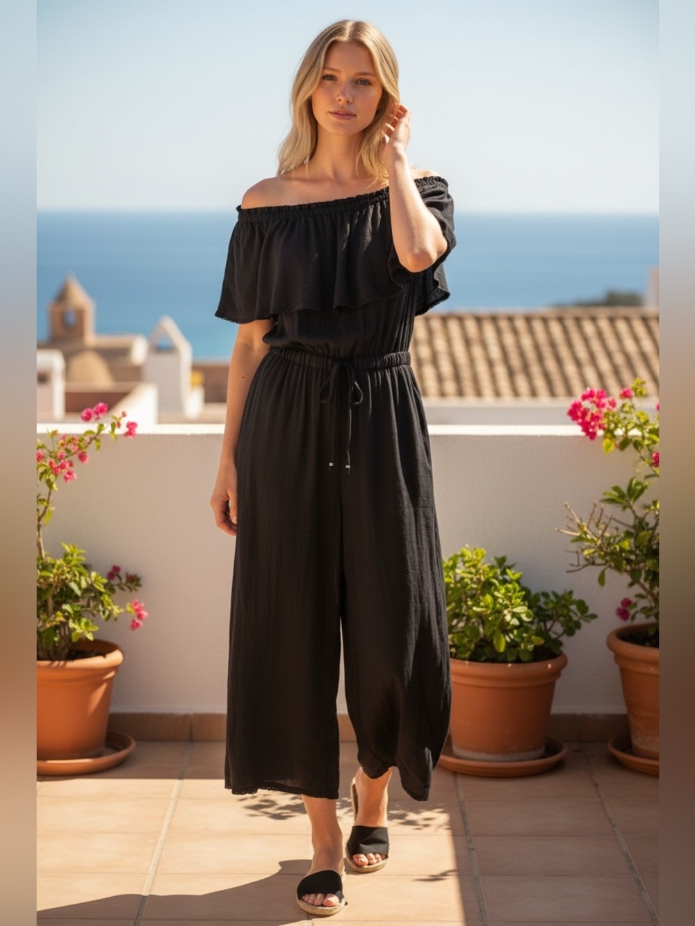Free People Black Off-Shoulder Wide-Leg Crop Length Jumpsuit